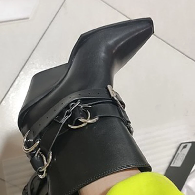 

Black Leather Wedges Boots Women Pointed Toe Metal Decor High Heel Boots Female Fashion Ankle Boots