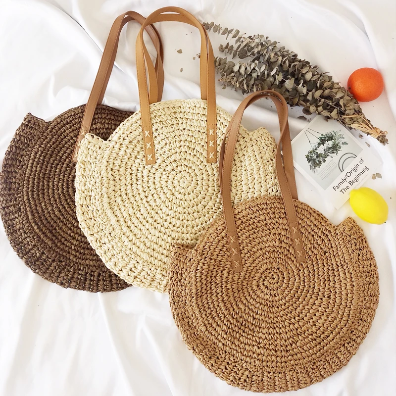 

2022 Summer Round Straw Bags for Women Rattan Shoulder Bag Handmade Woven Beach Handbags Female Message Handbag Totes Bag KL1094
