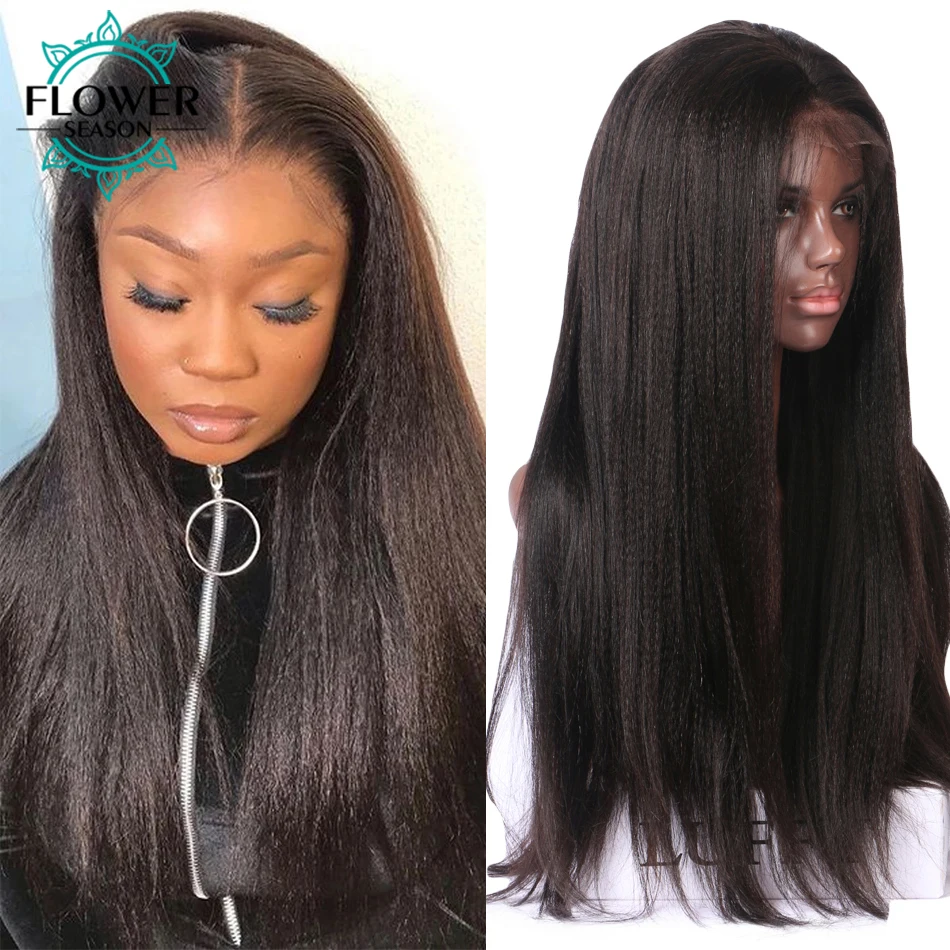 

100% Human Hair Wig Light Yaki Straight 180Density 5x5 PU Scalp Top Lace Front Wig Yaki Preplucked for Black Women FlowerSeason