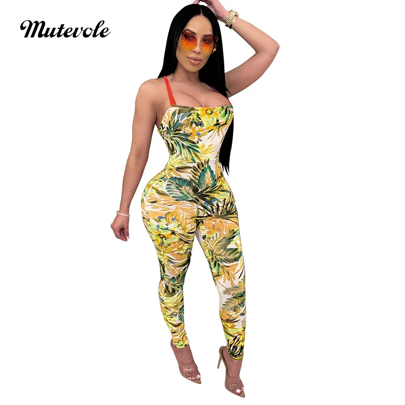 Mutevole Leaves Print Bodycon Bandage Jumpsuit Women Bohemian Spaghetti Strap Patchwork Sexy Summer Sleeveless | Женская одежда
