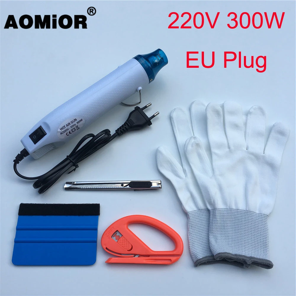 220V EU Plug 110 V/220 V электрический тепловой пистолет с горячим воздухом+ скребок из плотной ткани Ракель+ виниловый резак+ нож для обрезки+ перчатки Автомобильная виниловая пленка упаковочные инструменты - Название цвета: 220V EU Plug