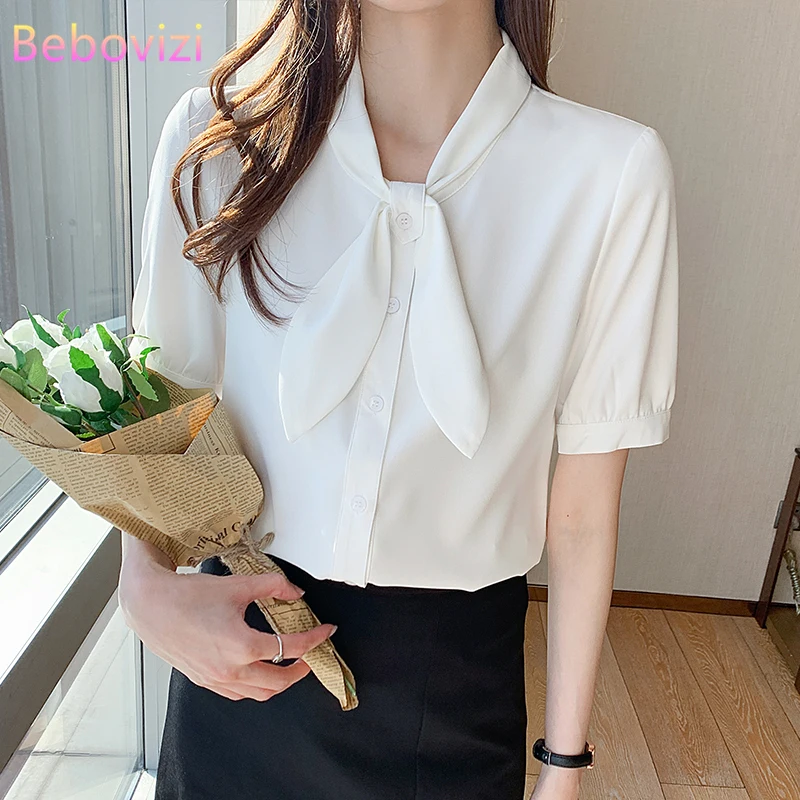 

2021 New Blue White Bowknot Fashion Korean Summer Chiffon Casual V-neck Short Sleeve Shirts for Women Office Lady Work Tops