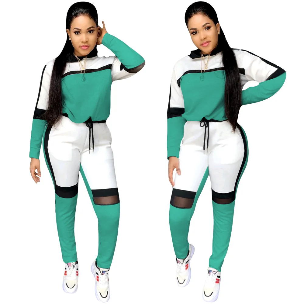 

Sets Women Autumn Fall Patchwork Hooded Suits Sexy Gauze Casual Slim Long Sleeve Elastic Waist Long Pants Female De Moda Sets