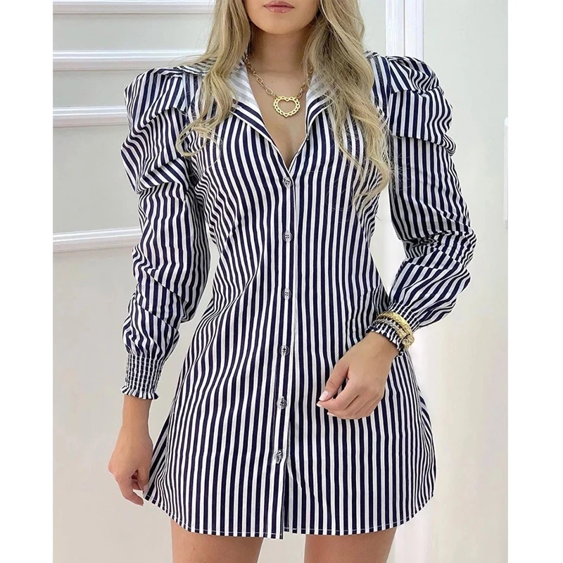 

Elegant Women Striped Printed Long Puff Sleeve Mini Shirt Dress Office Lady Slim Waist Tops