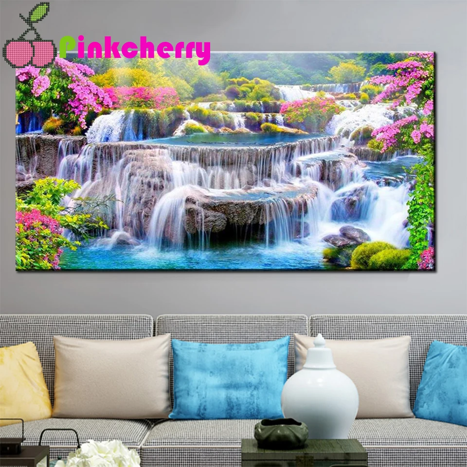 

Алмазная картина «Водопад» с весенним пейзажем, полноразмерная, круглая, «сделай сам», 5D вышивка стразами, мозаика, рукоделие k207
