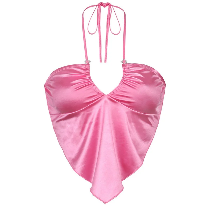 

2021 Summer Vest New Sexy Sling Pure Color Pleated Love Square Scarf Open Back Gathered Slim Collar Female En*