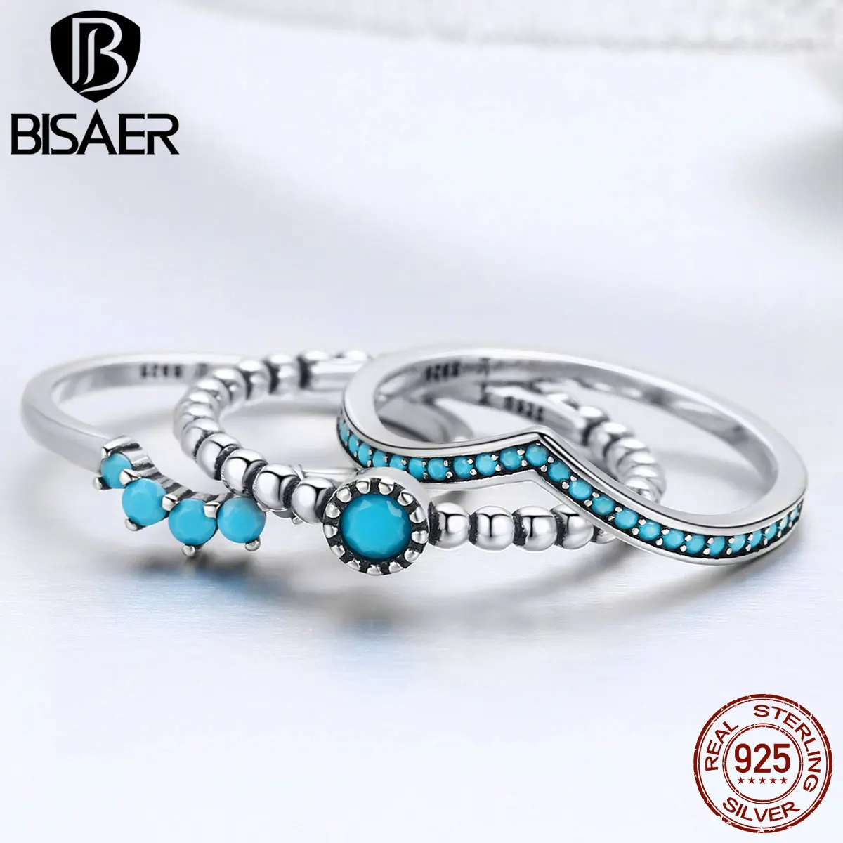 Серебряное 3 шт серебряное кольцо 925 пробы Серебряное синее CZ богемное волнистое кольцо на палец для женщин набор колец GXR368