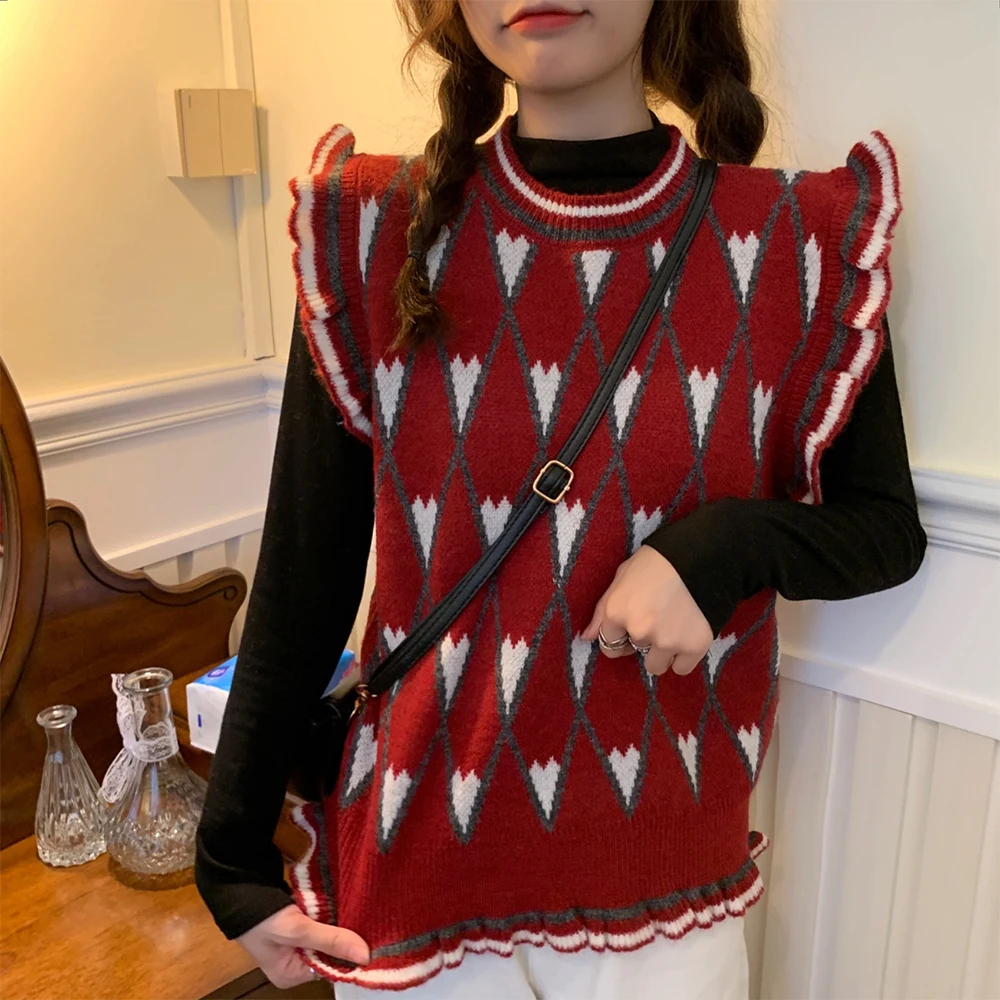

Vintage Curled Edges Knitted Sweater Vest Women Casual Korean Pullover Sweater Autumn Winter Sleeveless O-Neck Tank Tops