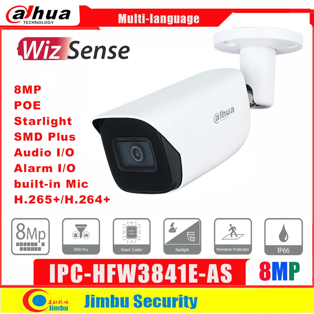 

Dahua IP POE Camera 4K Outdoor WizSense 8MP IPC-HFW3841E-AS WDR H.265 IR 30M Starlight Built-in IR LED&Mic SMD ONVIF IVS Bullet