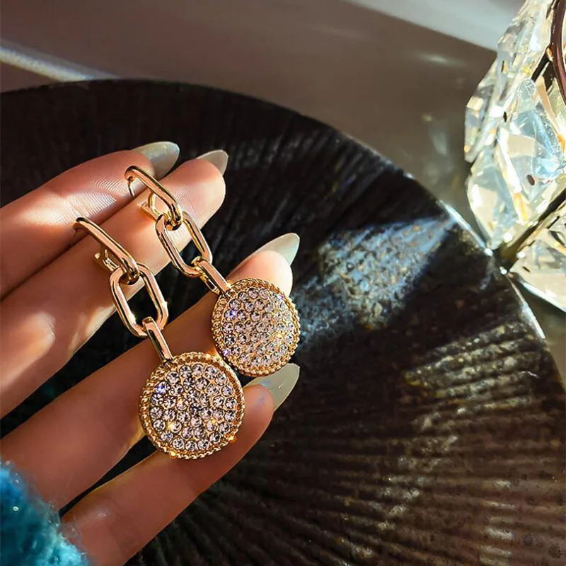 

New Vintage Crystal Round Dangle Earrings For Women Long Tassel Metal Link Chain Earring Female Boho Jewelry Brincos