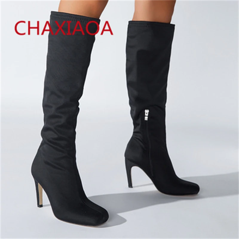 

2021 New Suede Women Knee High Boots Square Toe Solid Color Ladies Casual Pleated Shoes Sexy Chunky High Heels Female Long Boots