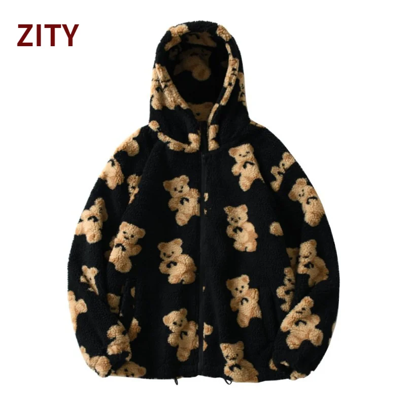 ZITY-chaquetas con capucha de oso de dibujos animados para mujer, Sudadera con capucha informal, abrigo de peluche con cremallera, ropa cálida para pareja