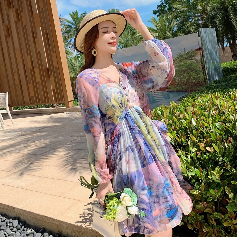 

Summer Dress for Women 2021 New Fairy V-neck Loose Chiffon Printed Large Swing Dress Holiday Style Sweet Knee-length Dress