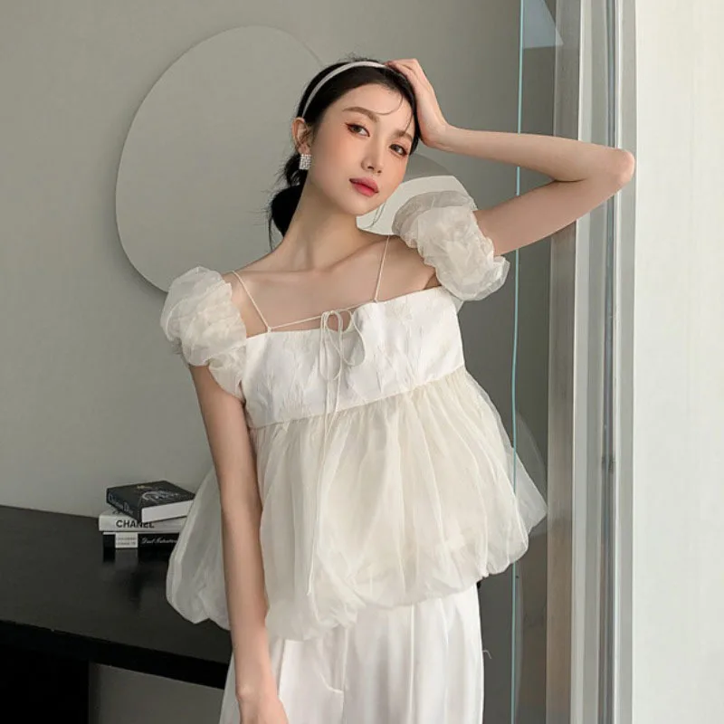 

LANMREM T-Shirt Women's Design Sense Bandage Mesh Splicing Bubble Sleeve Loose Fit Fashion Tide Summer 2021 New Arrivai 2K1917