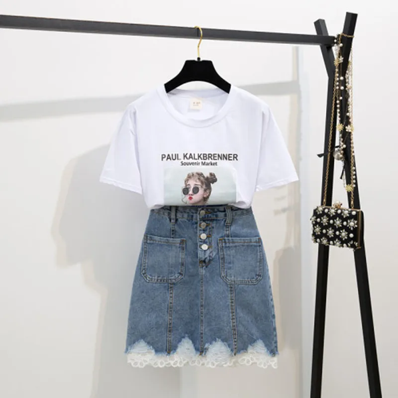 

Summer Fashion Cotton Print T-shirt and Lace Trim Hem Denim Skirt Two-piece Sets Women Button Pocket Short Jean Skirt Casual Set