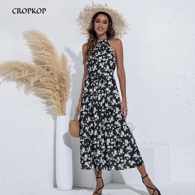 

Summer Women Floral Print Long Dress Halter Sexy Ruffle Bandage Beach Party Dresses Elegant White Big Hem Holiday Sundress 2021