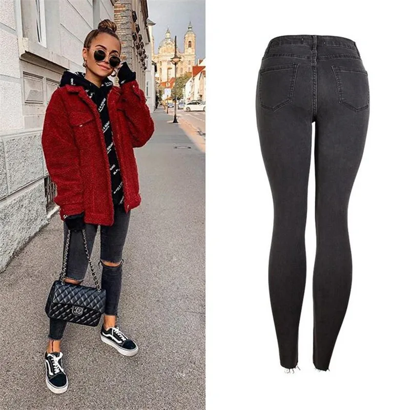 Новые темно серые джинсы брюки для женщин узкие рваные со средней посадкой