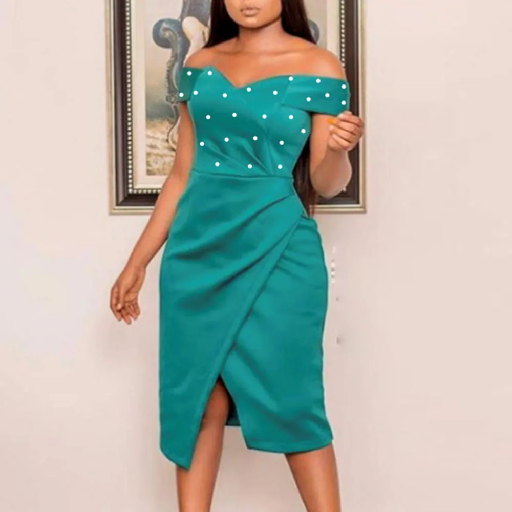 

Office Lady Summer Dress 2021 Fashion Elegant OL Oversize African Slim Sexy Beaded Off Shoulder Split Cocktail Party Dresses
