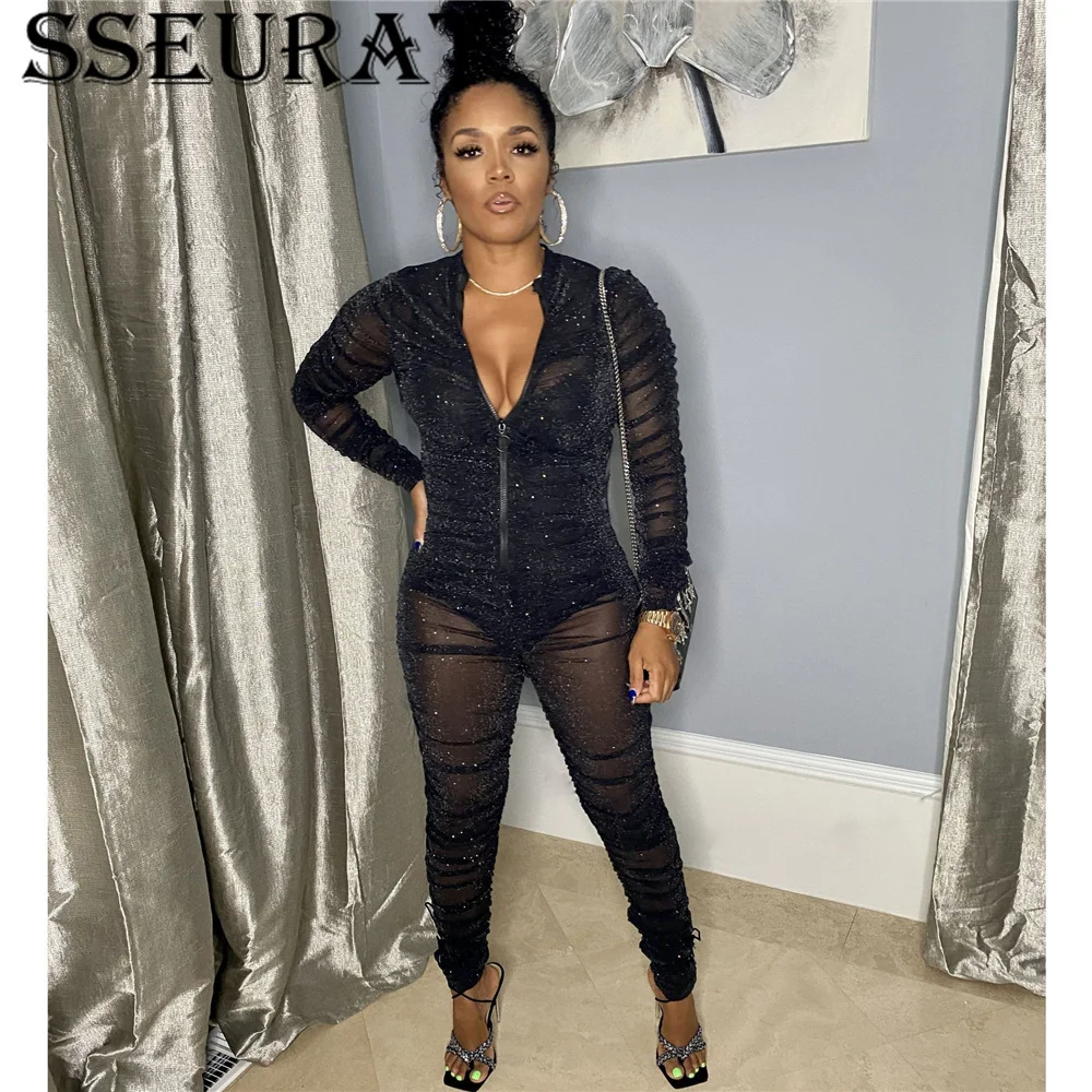 

SSEURAT See Through Sexy Zipper Jumpsuit Women Pleated Skinny Elastic Club Streetwear Rompers