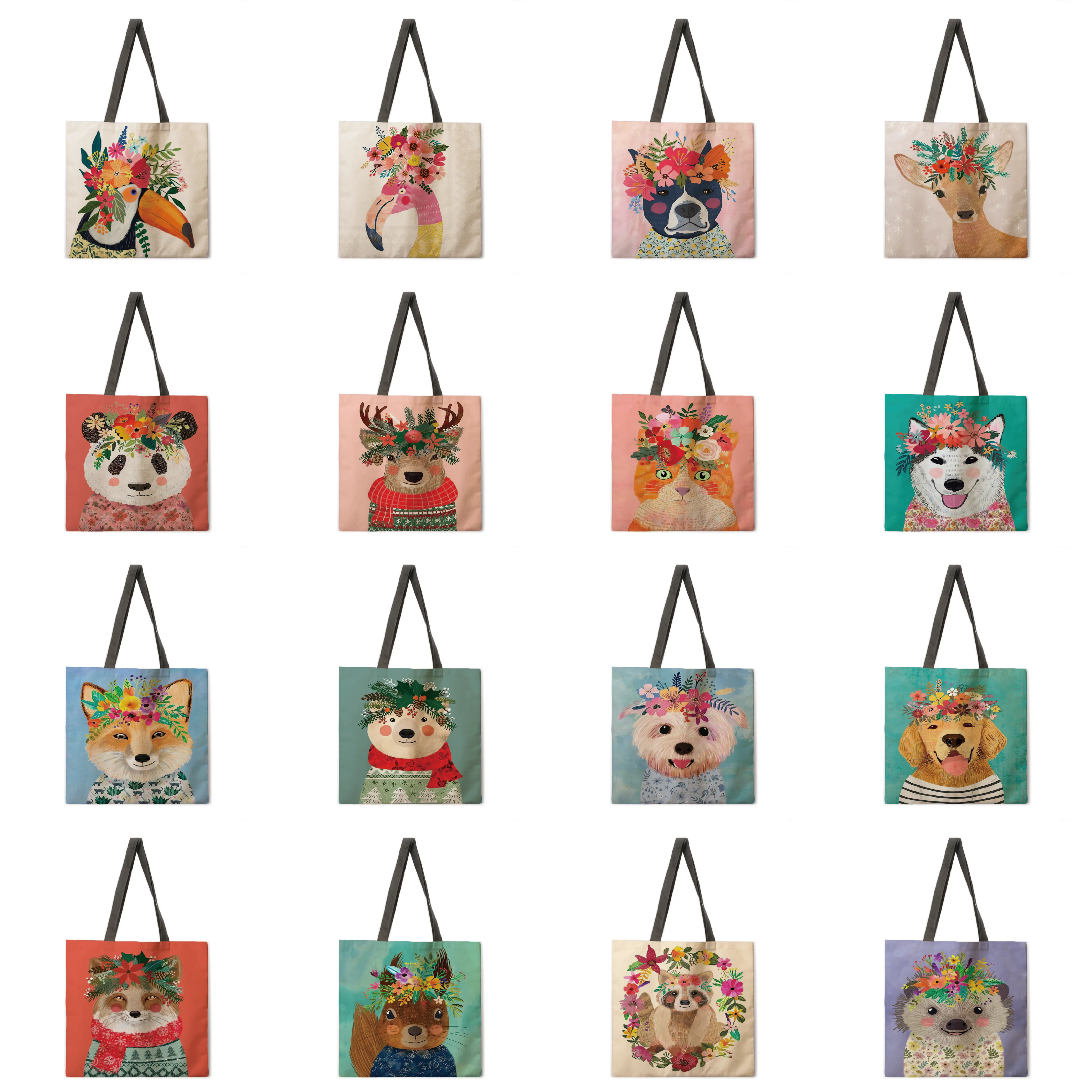 Повседневная Сумка тоут с изображением цветов и животных Льняная сумка