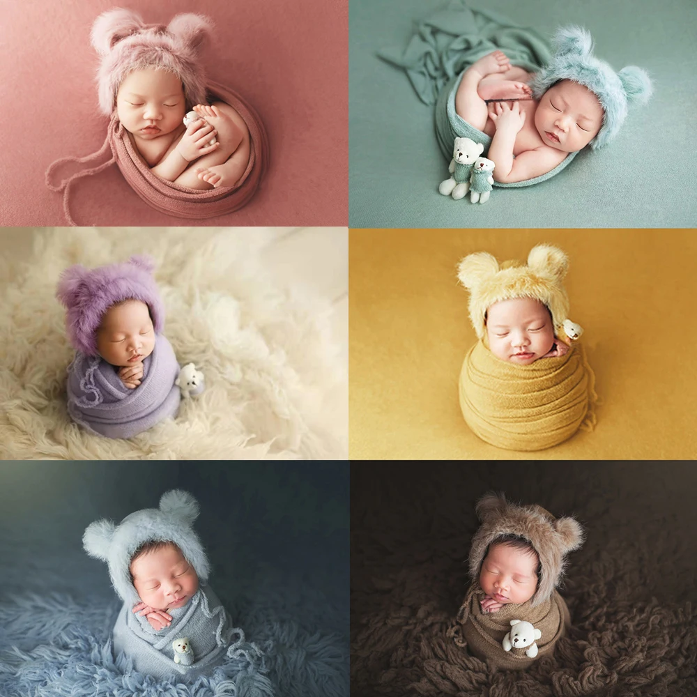 3pcs/set Newborn Infant Photography Wraps Knitted Baby Boys Girls Photo Props Faux Fur Hat Strong Stretch Blanket Bear Doll