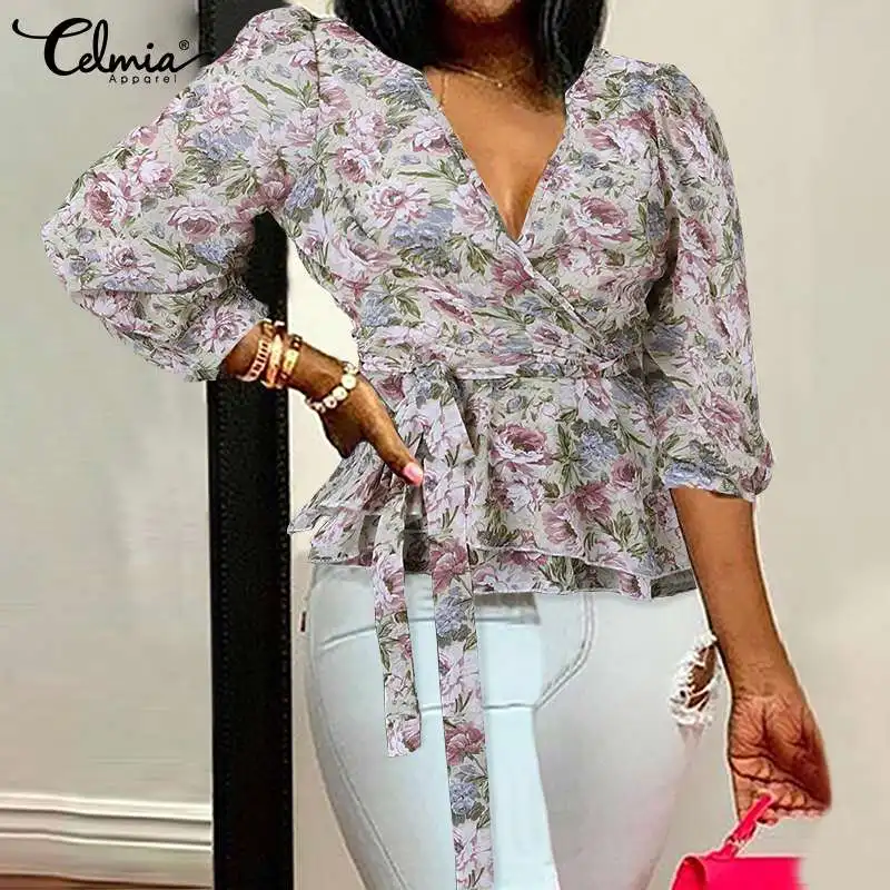 

Celmia Women 3/4 Sleeve Wrap Blouses Autumn Fashion Floral Printed Sexy V-neck Shirts Casual Waisted Elegant Belted Tunic Tops