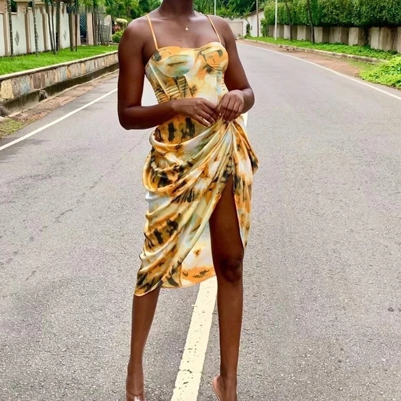 

Women print Vintage sleeveless Spaghetti Strap Dress Hem Slim Waist Slit Irregular Long Dresses VestidoPlus Size Summer Dress