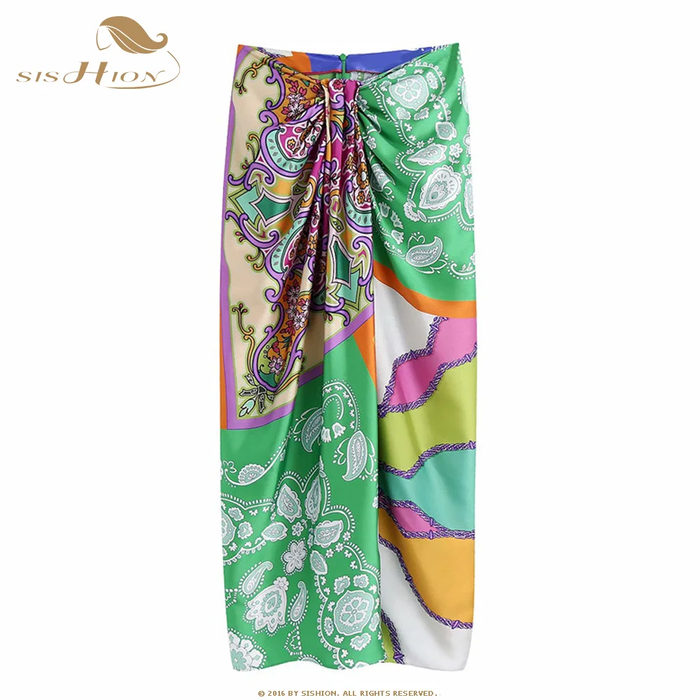 

SISHION Women Vintage Cloth Patchwork Floral Print Knotted Sarong Skirt Faldas Mujer Female Back Zipper Vestidos Skirts VD2114