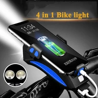 multi function 4 in 1 bicycle light led bike headlight usb rechargeable rotatable base cycling phone holder powerbank flashlight