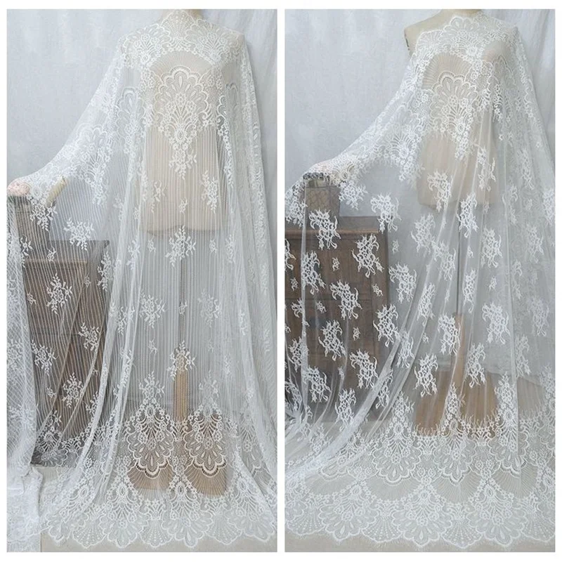 

Phoenix Flower Off White Black 3meters French Eyelash Lace Fabric Vintage Bride Wedding Dress V2213