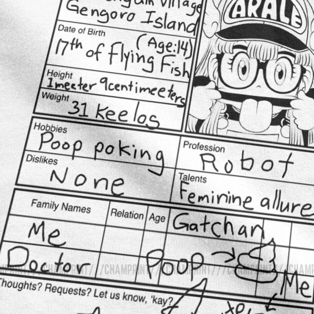Мужчины Дети дошкольного возраста возобновить Arale футболка Доктор Спад Аниме