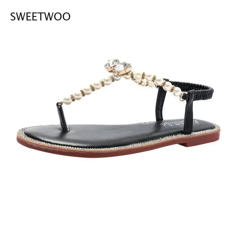 

2021 Fashion Sandals Rhinestone Flip Flat Heel Roman Simple Pearl Beach Sandals