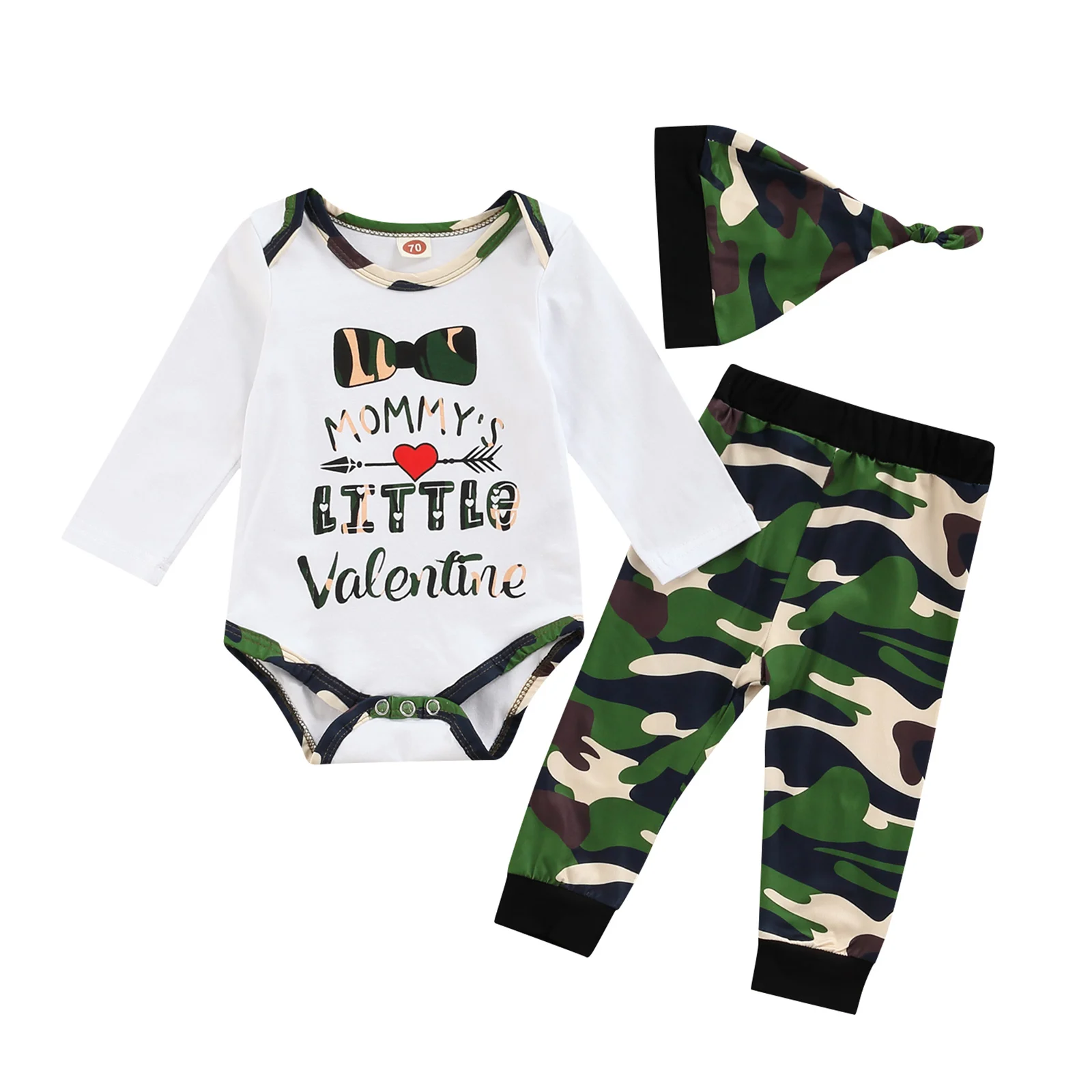 

New Baby Three Piece Set Newborn Boy Valentine Day Lettering Pattern Long Sleeve Romper Elastic Waist Pants Matching Hat