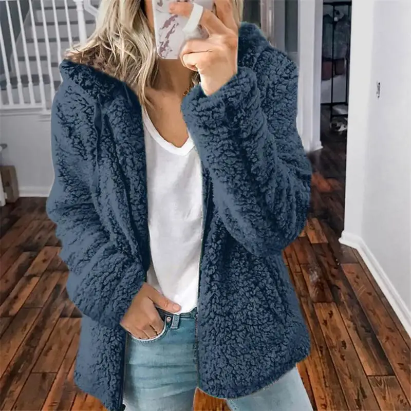 

Fashion Women Loose Hooded Solid Color Lamb Wool Winter Zipper Top Coat