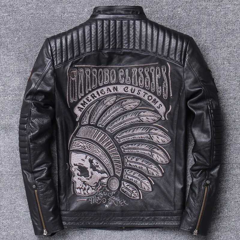 

Shipping DHL Free Men's Motorcycle Real Leather Black Jacket Genuine Cowhide Autumn Skulls Embroidery Short Natural Biker's Coat