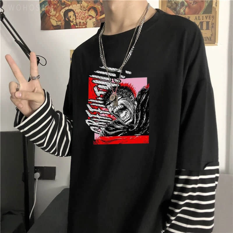 Harajuku Anime Berserk Guts Fake Two Pieces Stripes T-Shirt Fashion Cartoon Summer Casual Loose Men Women Long-Sleeved Tee Shirt