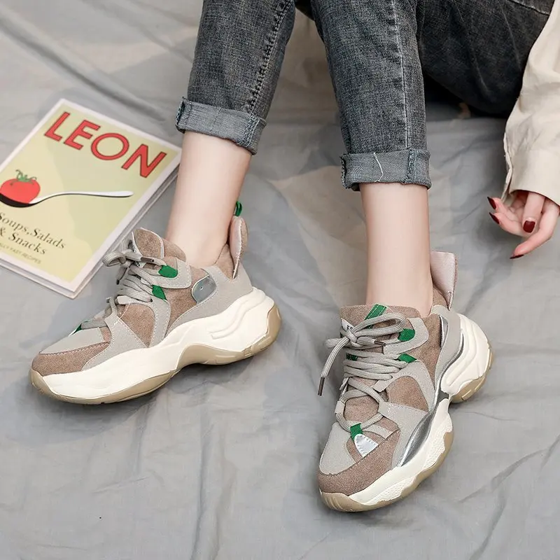

ELLALLE Women Green Platform Sneakers Flock Sports Lace-Up Spring/Autumn 2021 New Fashion High Quality Running Chunky Shoes