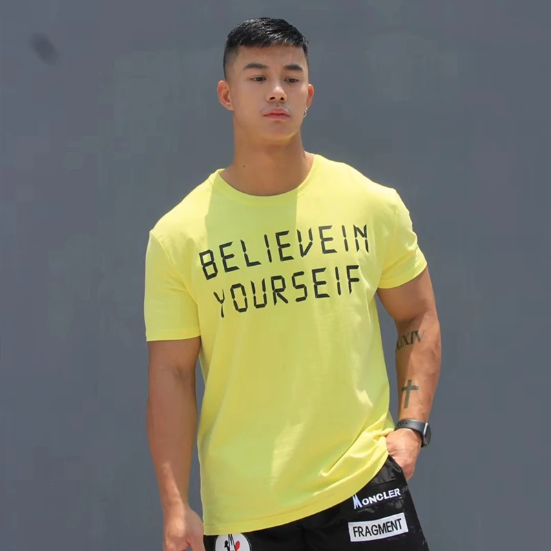 

BEST SELLING YELLOW COMFORTABLE FIT FASHION NEW SEASON MEN'S T SHIRT HOMME LETTER PRINTING SHORT SLEEVE ROUND NECK MEN CLOTHING