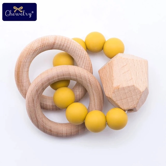 Yellow Bracelet 1 шт., детский браслет Teethe Woden, Ювелирное Украшение из бука, деревянное кольцо, персонализированные детские силиконовые бусины, детская коляска-погремушка, Товары для детей - Цвет: Yellow Bracelet