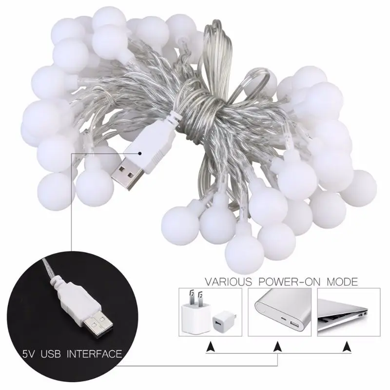 Гирлянда с белыми шариками 10 м 60 светодиодов USB|Светодиодная лента| |