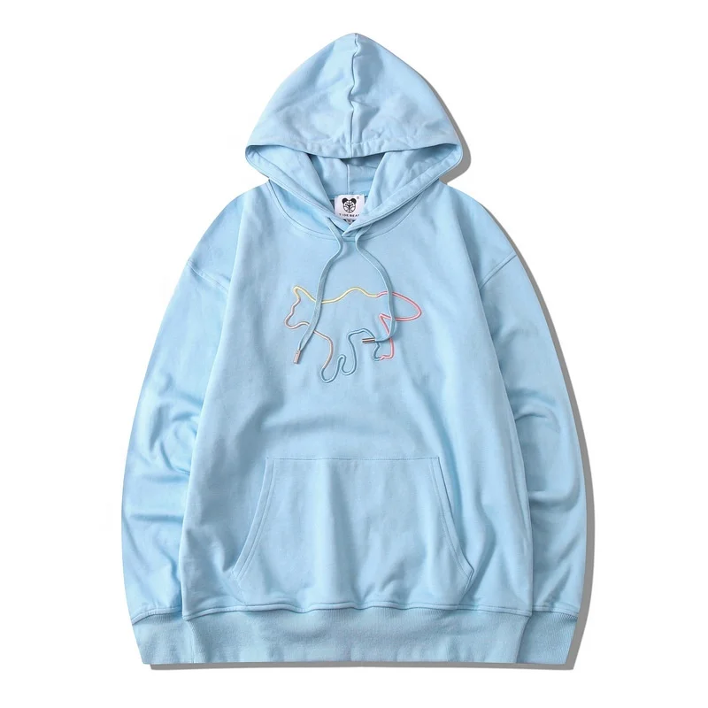 Color Animal Cartoon Dog Embroidered Sky Blue 100 Cotton Pullover Unisex Hoodies