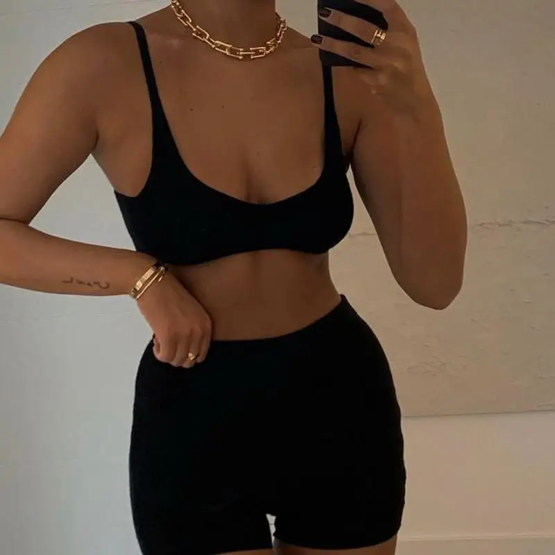 Women's Pajamas Rib Knit Homewear Suits with Shorts Women Sets Sexy V-Neck New Strap Vest Top Backless Solid 2 Pcs Set Female