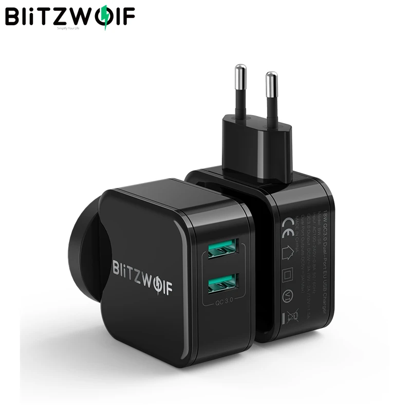 Адаптер USB BlitzWolf QC3.0 для путешествий настенное зарядное устройство стандарта ЕС
