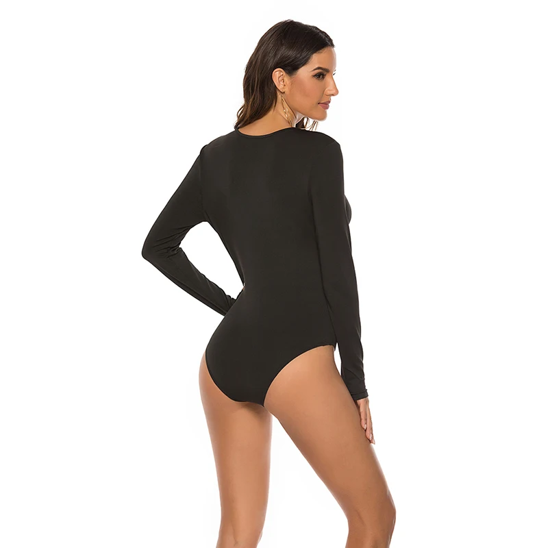 

2021 Sexy Womens Long Sleeve Bodysuit Romper Deep V Neck Bodycon Body Suit One Piece Fitness Overalls For Women