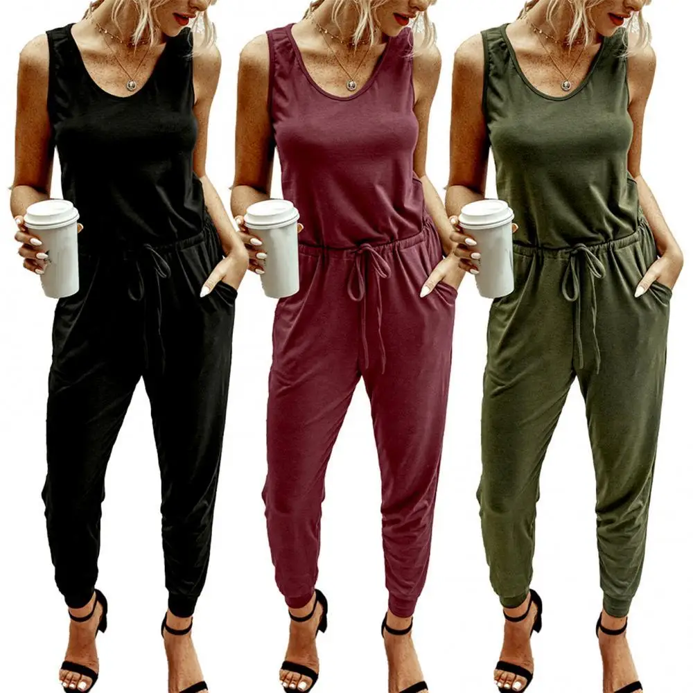 

Summer Women's Jumpsuit Fashion Casual Solid Color Women Sleeveless Round Neck Waist Straps Jumpsuit Long Pants Romper