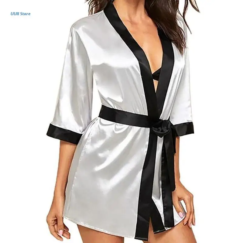 

Women Imitation Silk Sexy Short Kimono Robe Colorblock Bride Wedding Party Open Front Bathrobe Nightgown with Belt Panty XX9D