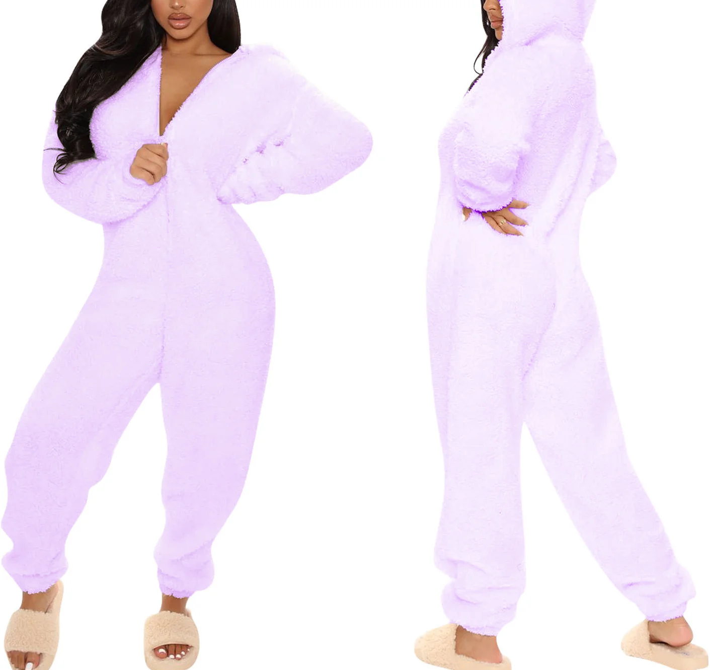 Autumn And Winter One-Piece Pajamas Solid Color Plush Hooded Long-Sleeved Warm Home Jumpsuit With Ears Plus Size For Woman