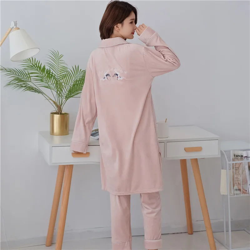 

Embroidery Crane Velour Pajamas Set Sleepwear Autumn Long Sleeve 2PCS Pullover&pant Nightwear Casual Velvet Bathrobe Homewear
