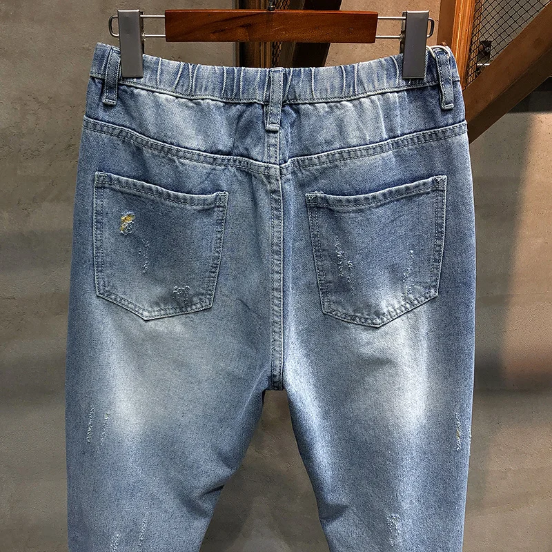 Джинсы мужские рваные потертые 100% хлопок уличная одежда укороченные штаны из