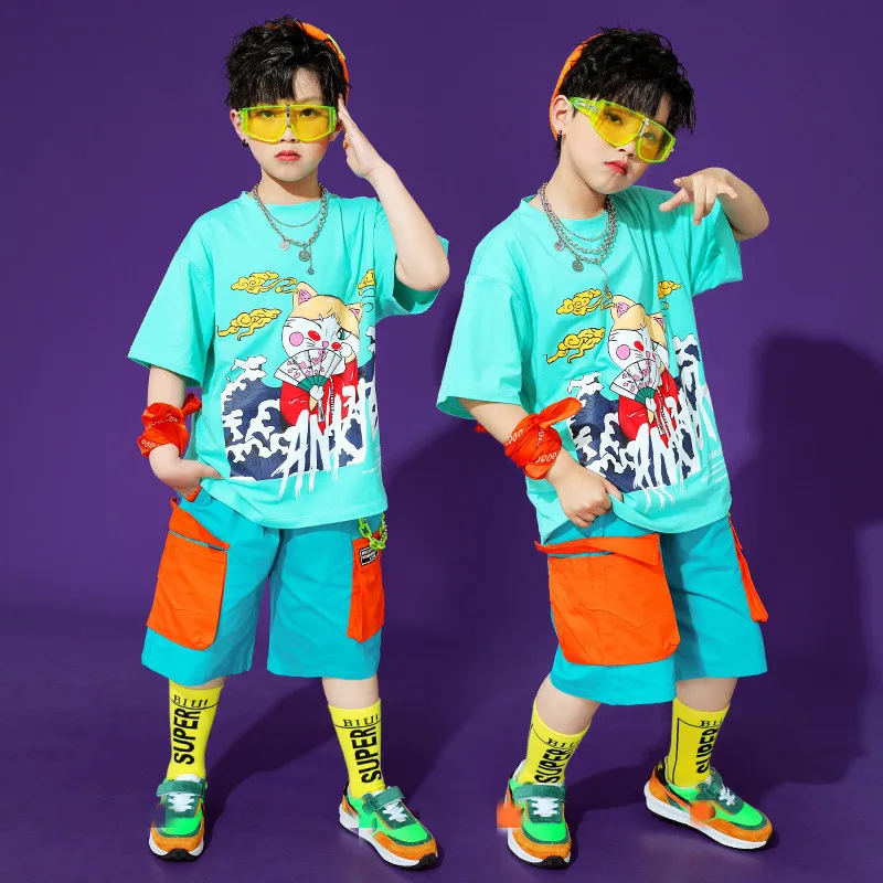 

2021 Jazz Modern Dance Costumes For Kids Summer Short Sleeved Loose Shorts Suit Hip Hop Dance Clothes Street Dance Wear